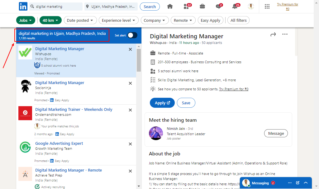 Available digital marketing jobs for students in Ujjain or nearby areas - LinkedIn data